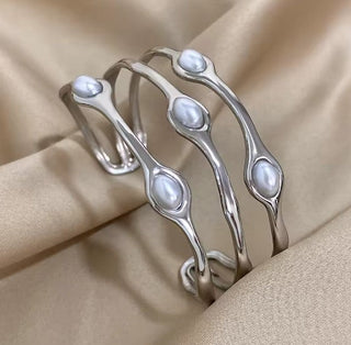 Vintage Layered Silver Pearl Bangle Bracelet