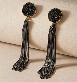 Vintage Black Long Style Inlaid Rhinestone Fringed Earrings