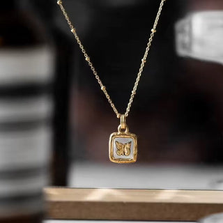 Golden Square  Butterfly Pendant Necklace