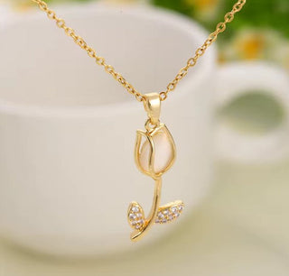 Elegant Opal Tulip Flower Pendant Necklace