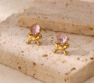Classic Pink Stone Bow Stud Earrings