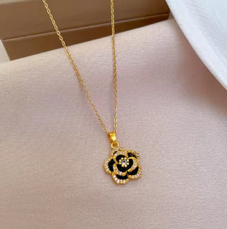 Black Camellia Flower Pendant Necklace