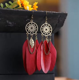 Bohemian Leaf Chain Red Dangle Earrings