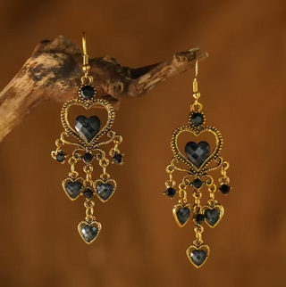 Vintage Black Heart Rhinestone Dangle Earrings